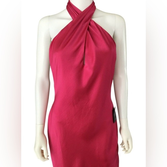 Lulus NWT Women’s “Beyond Classy” Hot Pink Satin Halter Midi Dress. Size Medium. - Picture 14 of 16